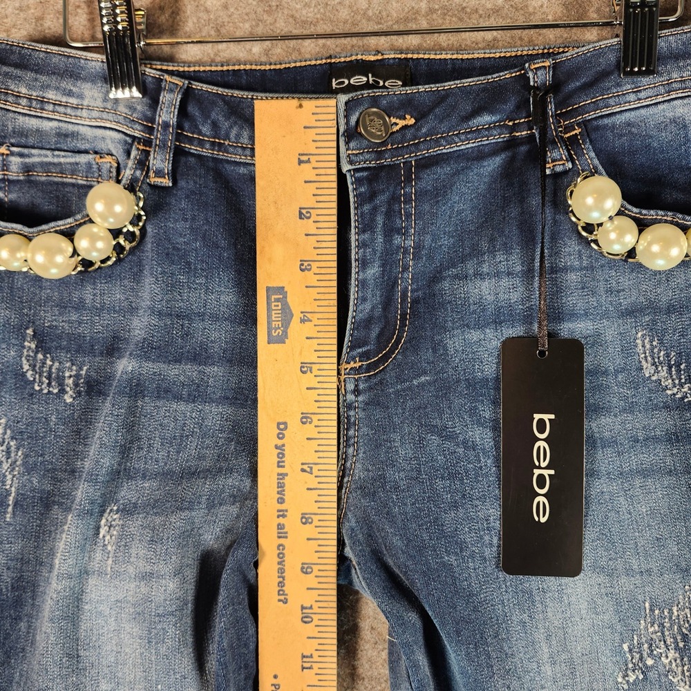 Bebe Womens Blue Distressed Denim Jeans Pearl Embellished Pockets Size 30 - Picture 9 of 16